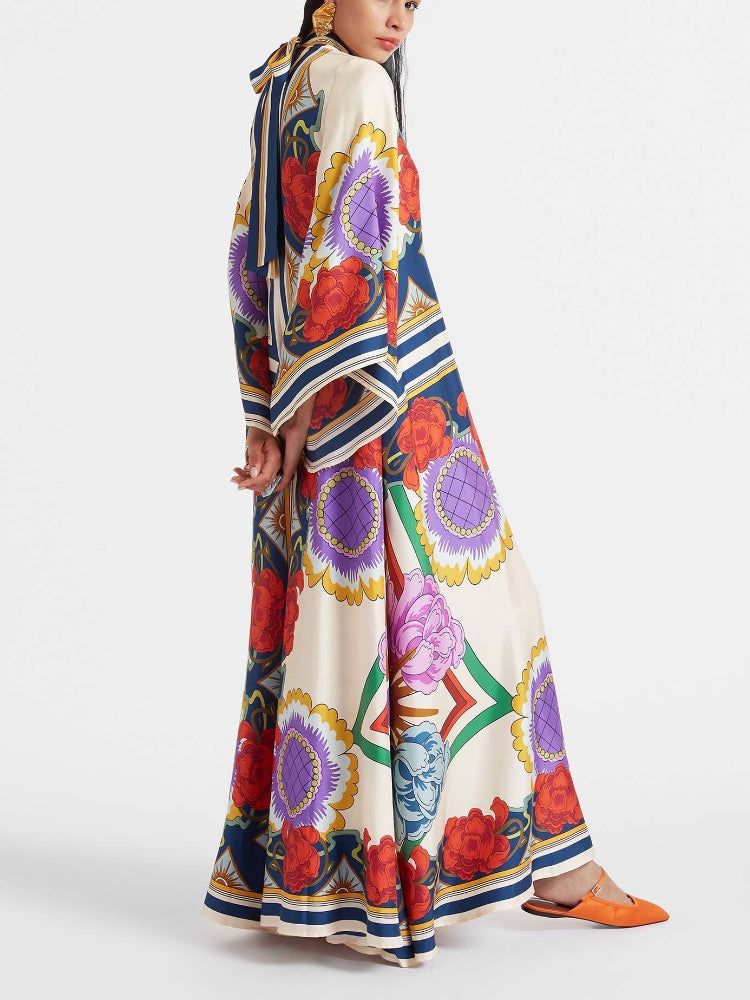 Abstract Brushstroke Print Deep V Lantern Sleeve Maxi Dress