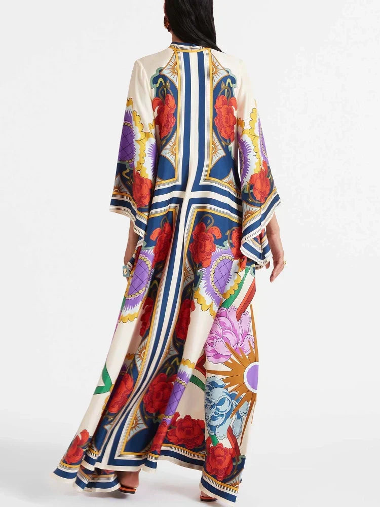 Abstract Brushstroke Print Deep V Lantern Sleeve Maxi Dress