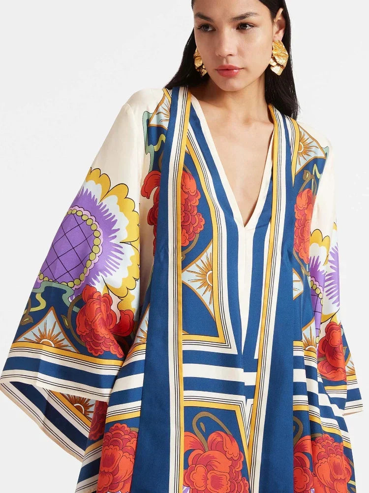 Abstract Brushstroke Print Deep V Lantern Sleeve Maxi Dress