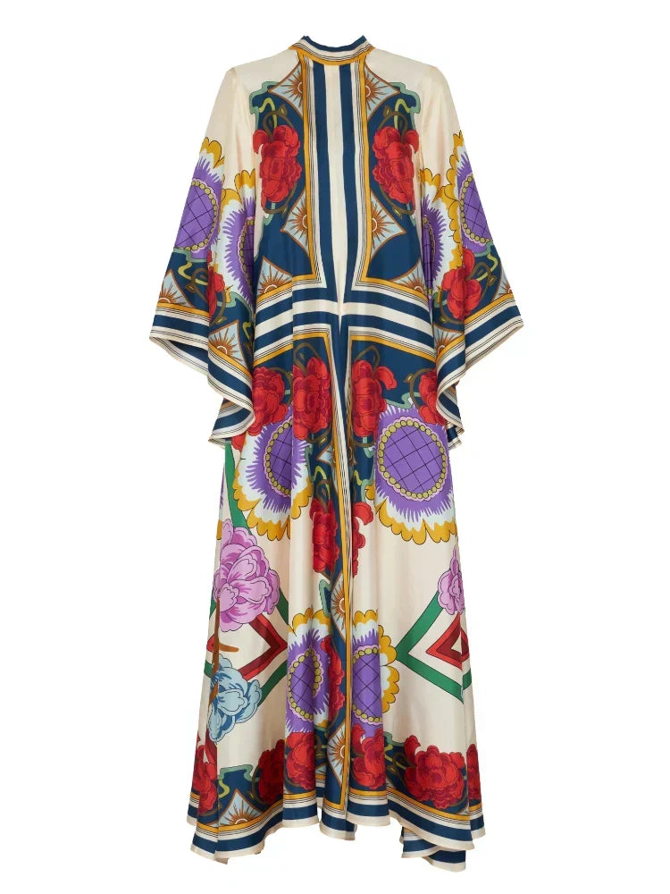 Abstract Brushstroke Print Deep V Lantern Sleeve Maxi Dress