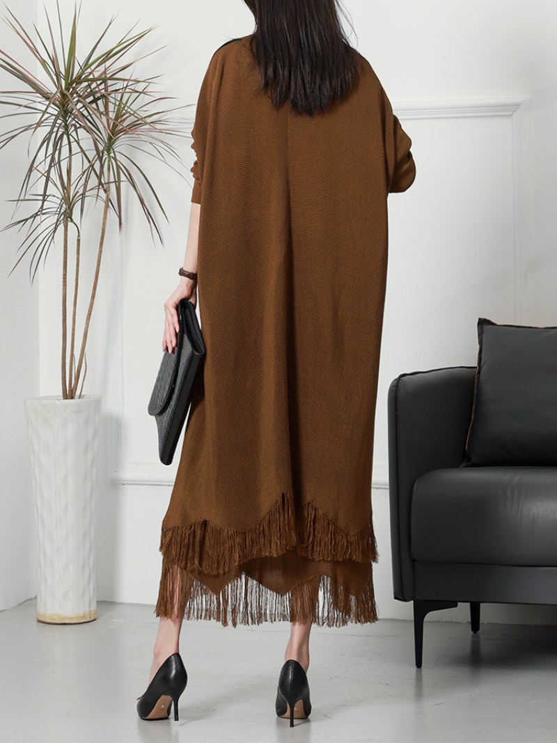 V Neck Long Sleeve Geometric Color Block Fringe Knit Maxi Dress with Scarf