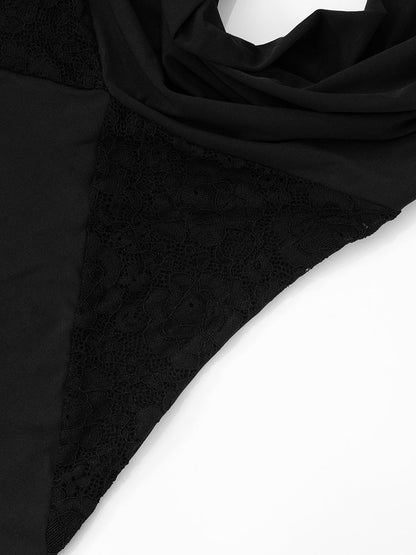 Plunging Halter Cowl Lace Side Panel Mermaid Maxi Gown