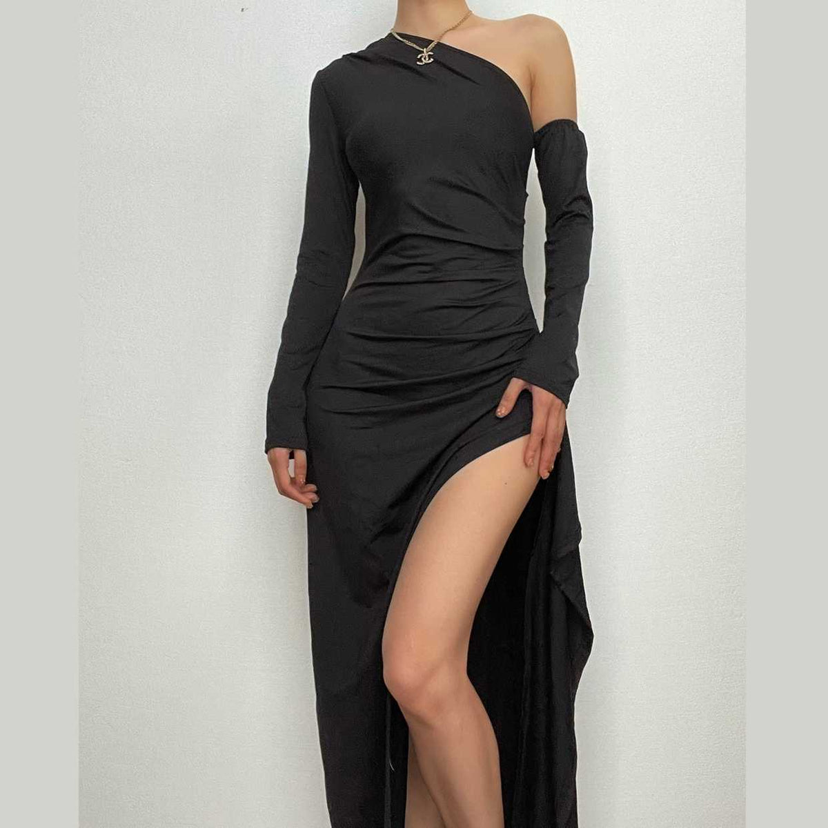 One Shoulder Ruched Detached Sleeve High Slit Bodycon Maxi Dress