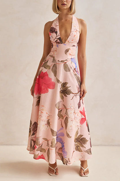 Halter V Neck Lace-up Floral Print Swing Maxi Dress