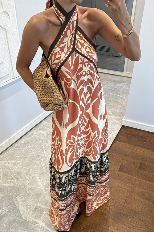 Criss Cross Halter Open Back Printed Maxi Vacation Dress