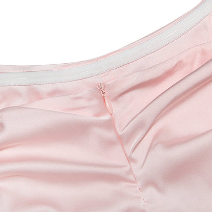 Strapless Ruched Satin Handkerchief Hem Mini Dress