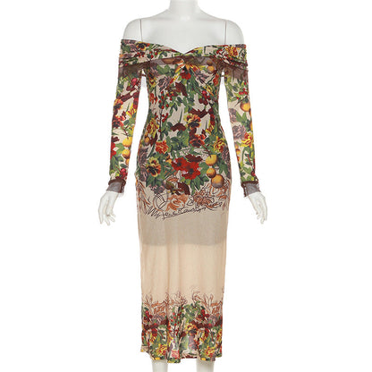 Off Shoulder Deep V Print Mesh Cuff Long Sleeve Maxi Dress