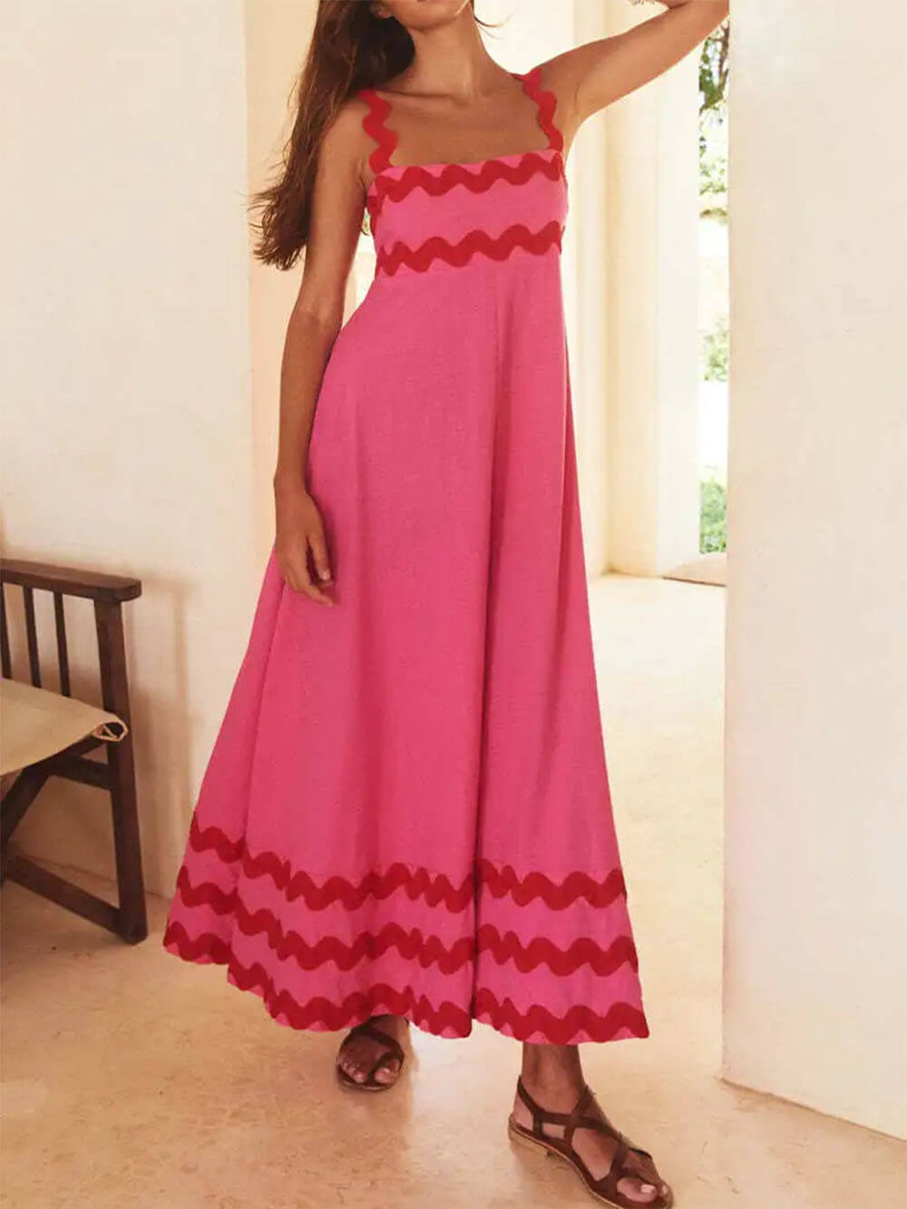 Ric Rac Trim Square Neck Spaghetti Strap Maxi Dress