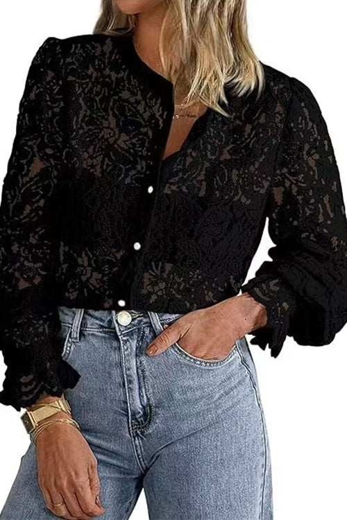 Ruffle Long Sleeves Button Up Lace Shirt