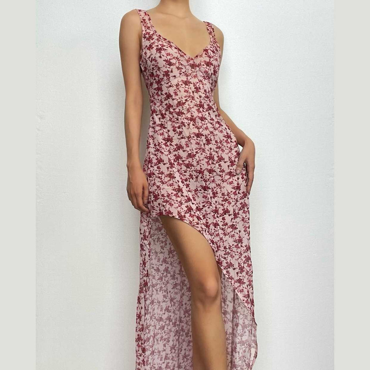 V Neck Ditsy Floral Print Sleeveless Asymmetric Hem Maxi Dress