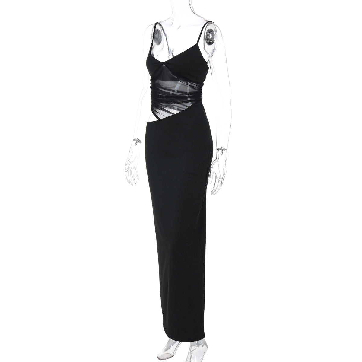 Deep V Neck Sheer Mesh Ruched Panel Sleeveless Maxi Dress