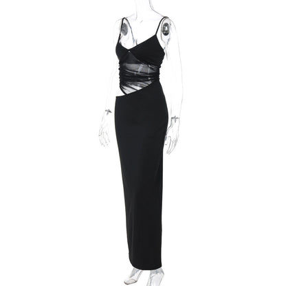 Deep V Neck Sheer Mesh Ruched Panel Sleeveless Maxi Dress