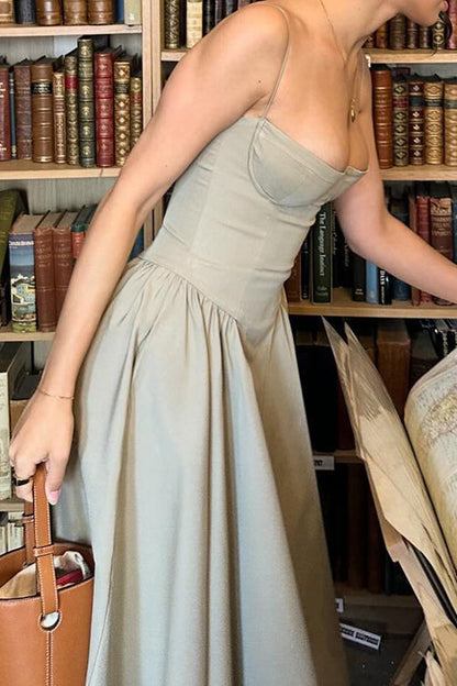 Corset Bustier Spaghetti Strap Basque Waist Gathered Full Midi Dress