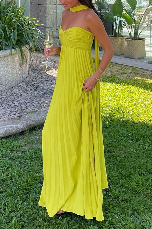 Strapless Back Lace-up Pleated Maxi Dress
