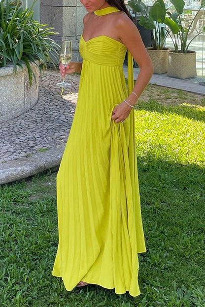 Strapless Back Lace-up Pleated Maxi Dress
