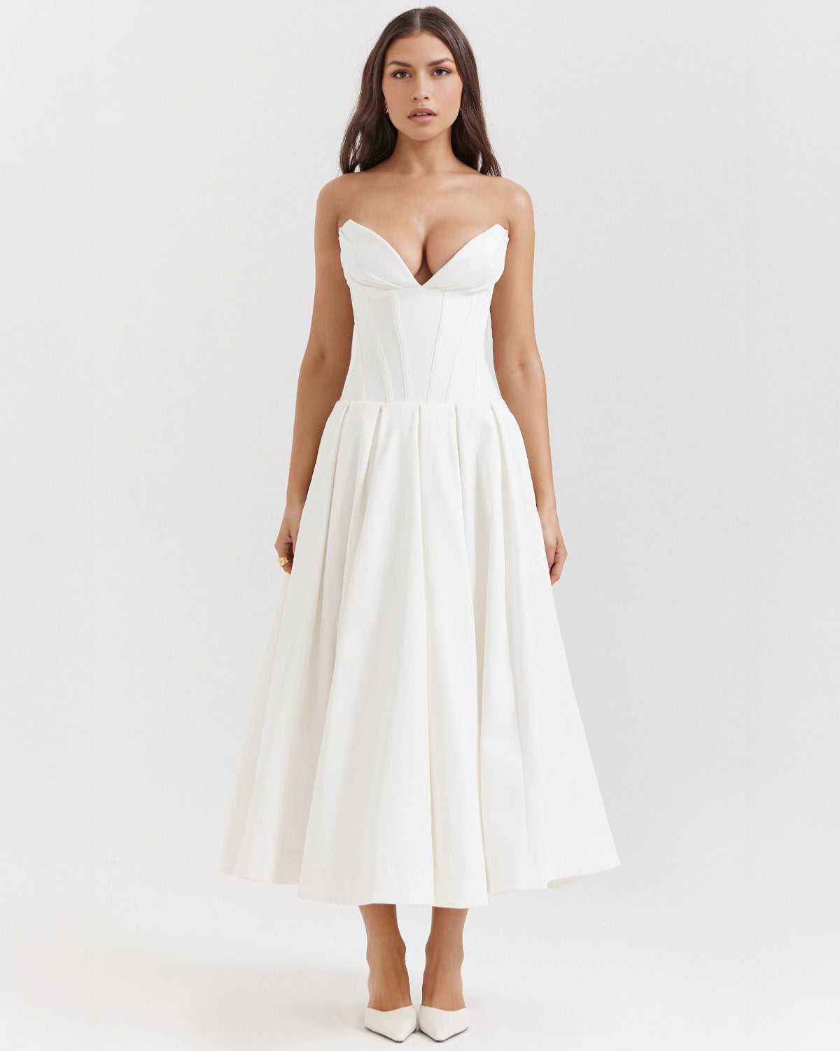Strapless Corset Sweetheart Neckline Box Pleat A-Line Midi Dress