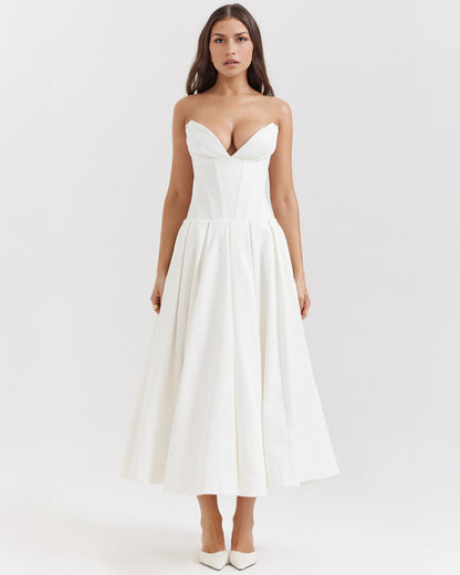 Strapless Corset Sweetheart Neckline Box Pleat A-Line Midi Dress