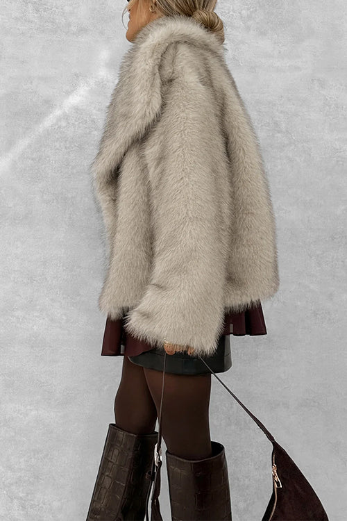 Collared Open Front Winter Faux Fur Coat