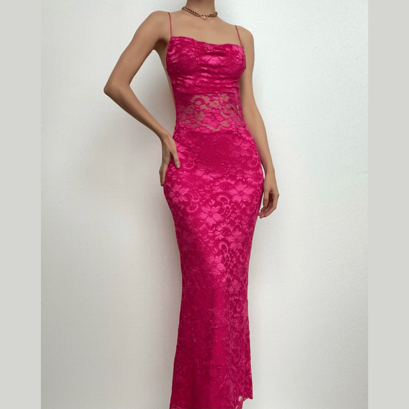 Floral Lace Spaghetti Strap Sheer Midriff Bodycon Maxi Dress