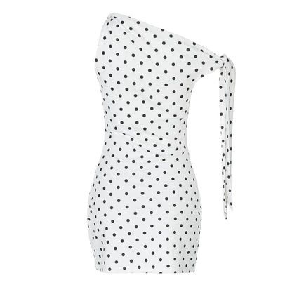 One Shoulder Tie Bow Sleeve Polka Dot Bodycon Mini Dress