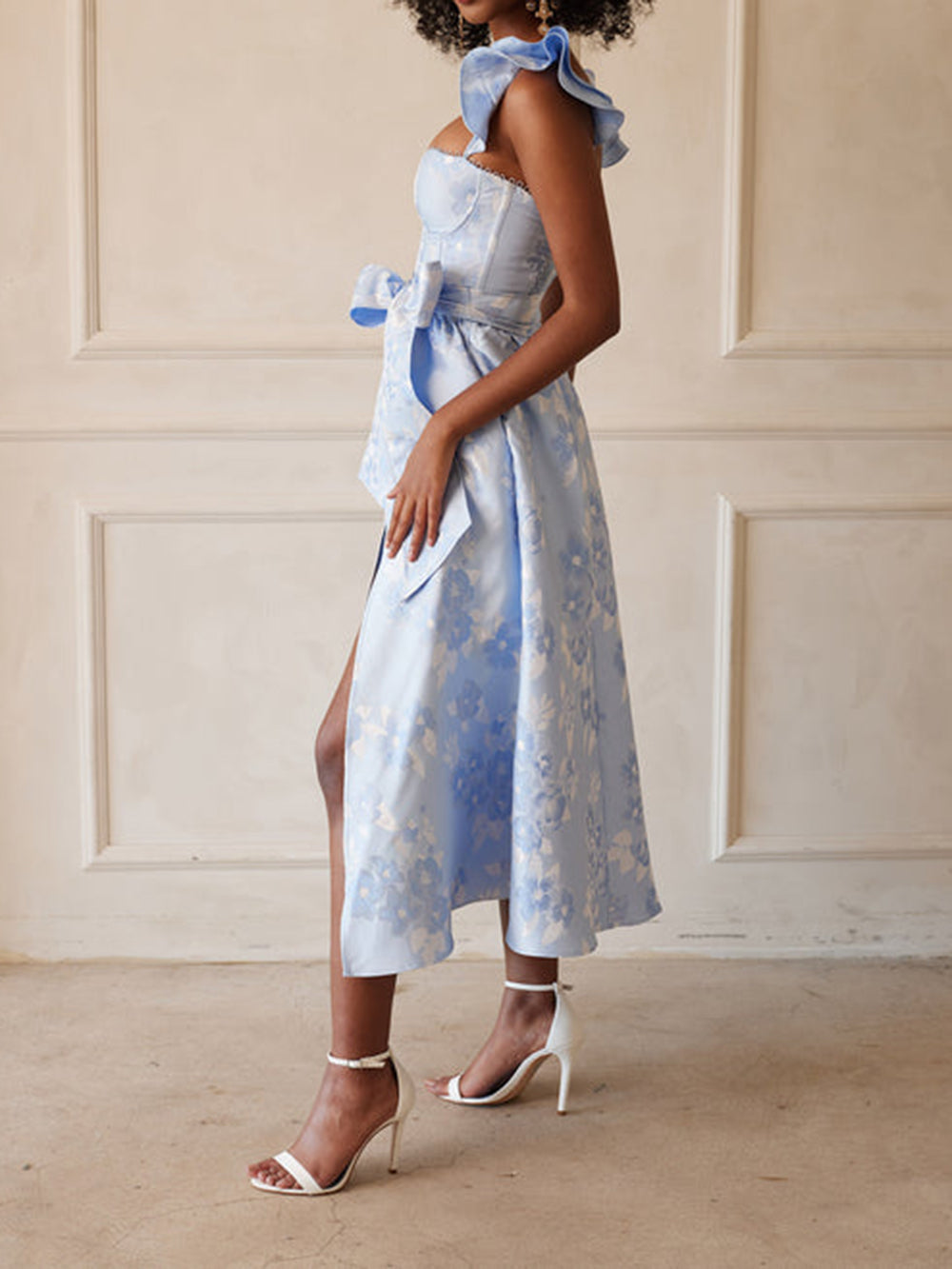 Floral Jacquard Ruffle Strap Bow Waist High Slit Midi Dress