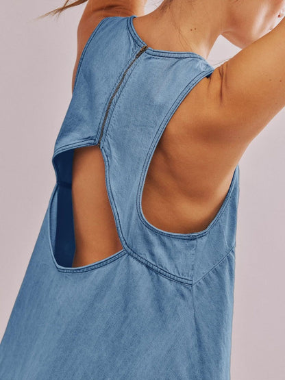 High Neck Sleeveless Denim A-Line Center Seam Mini Dress
