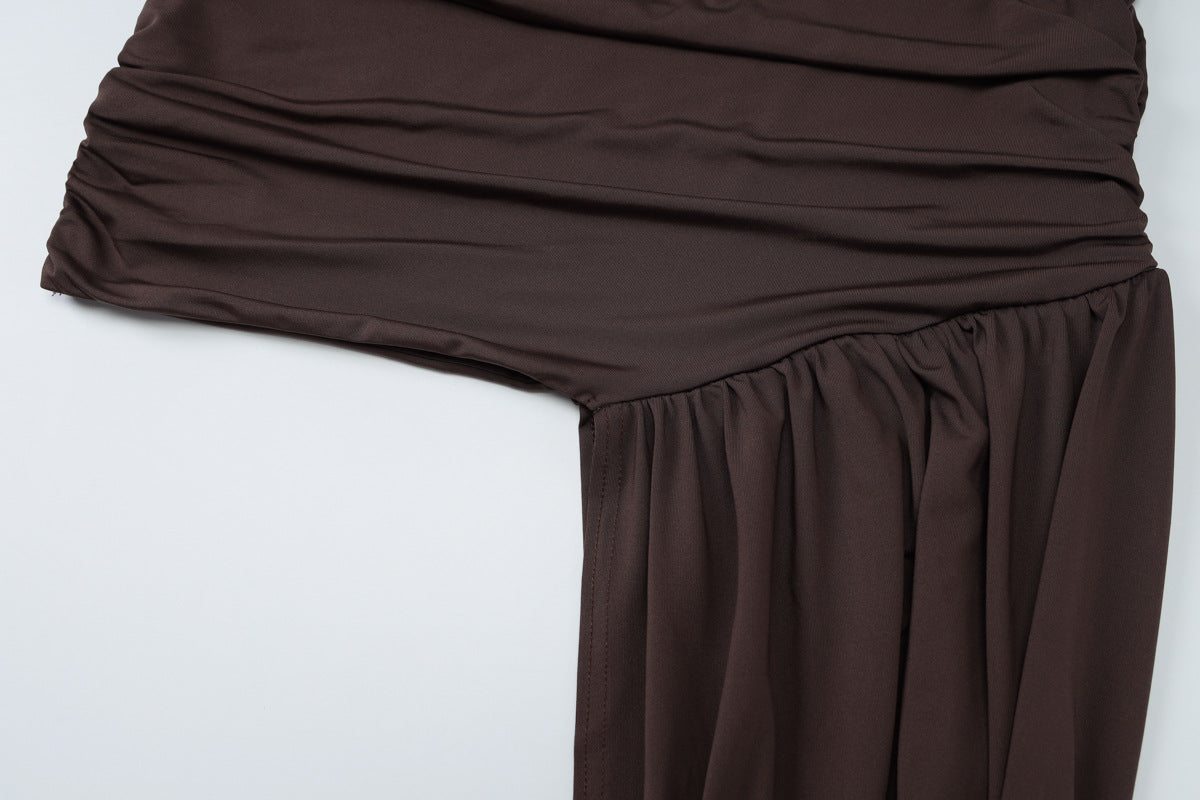 Mock Neck Ruched Asymmetric Train Mini Dress