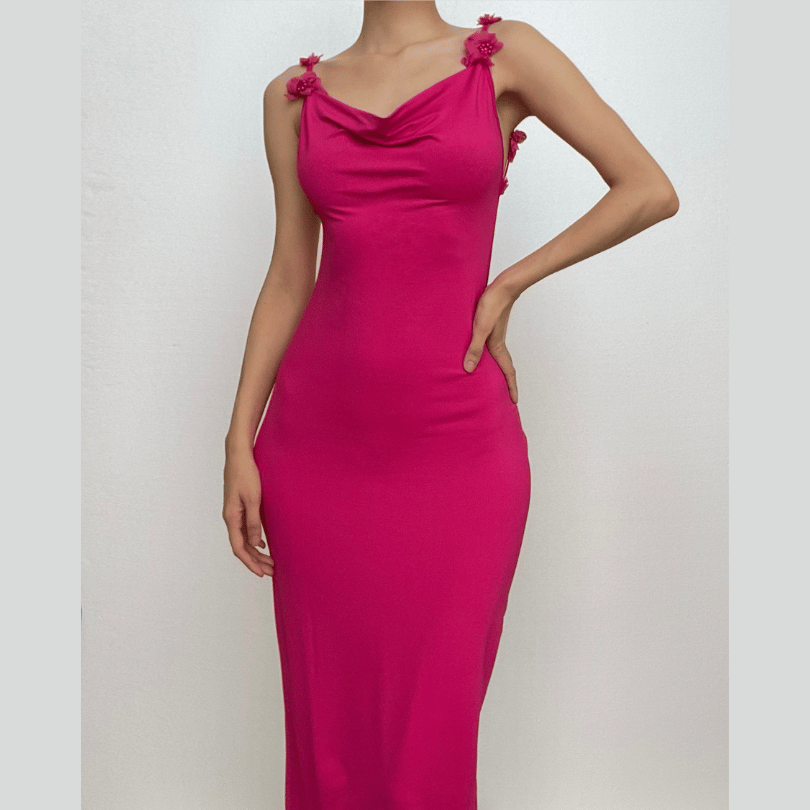 Spaghetti Strap Rosette Applique Open Back Bodycon Maxi Dress