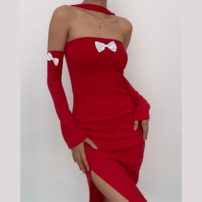 Ribbed Tube Bow Applique Side Slit Detachable Sleeve Midi Dress
