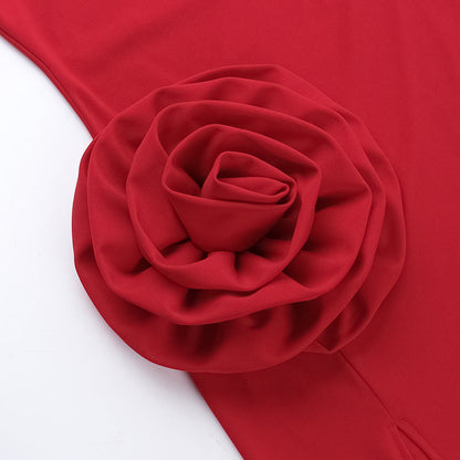 Strapless Sweetheart Rosette Applique High Slit Column Maxi Dress
