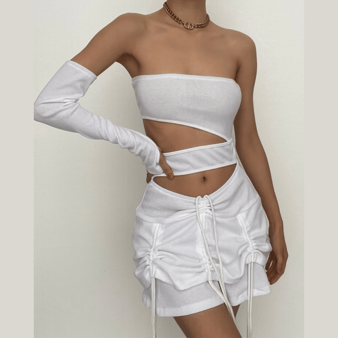 Off Shoulder Cutout Ruched Drawstring One Sleeve Mini Skirt Set