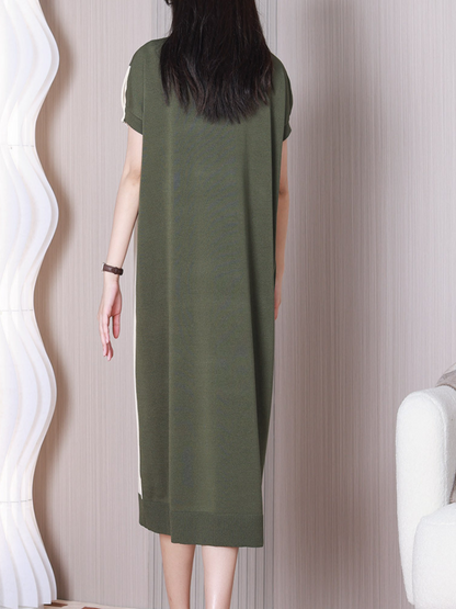 Crew Neck Short Sleeve Diagonal Color Block Knit Midi Dress