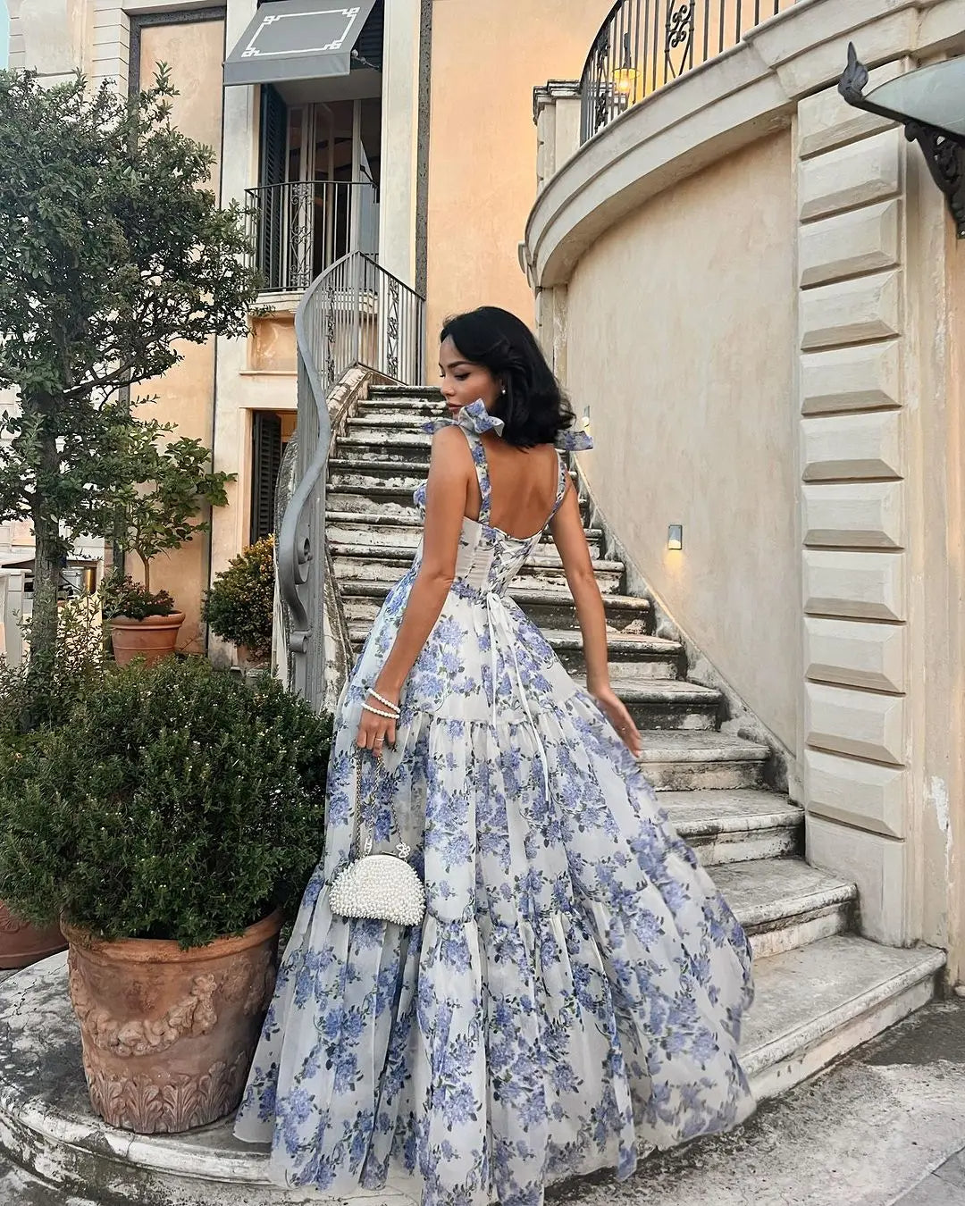 Corset Bodice Ruffle Strap Tiered Hydrangea Floral Maxi Gown