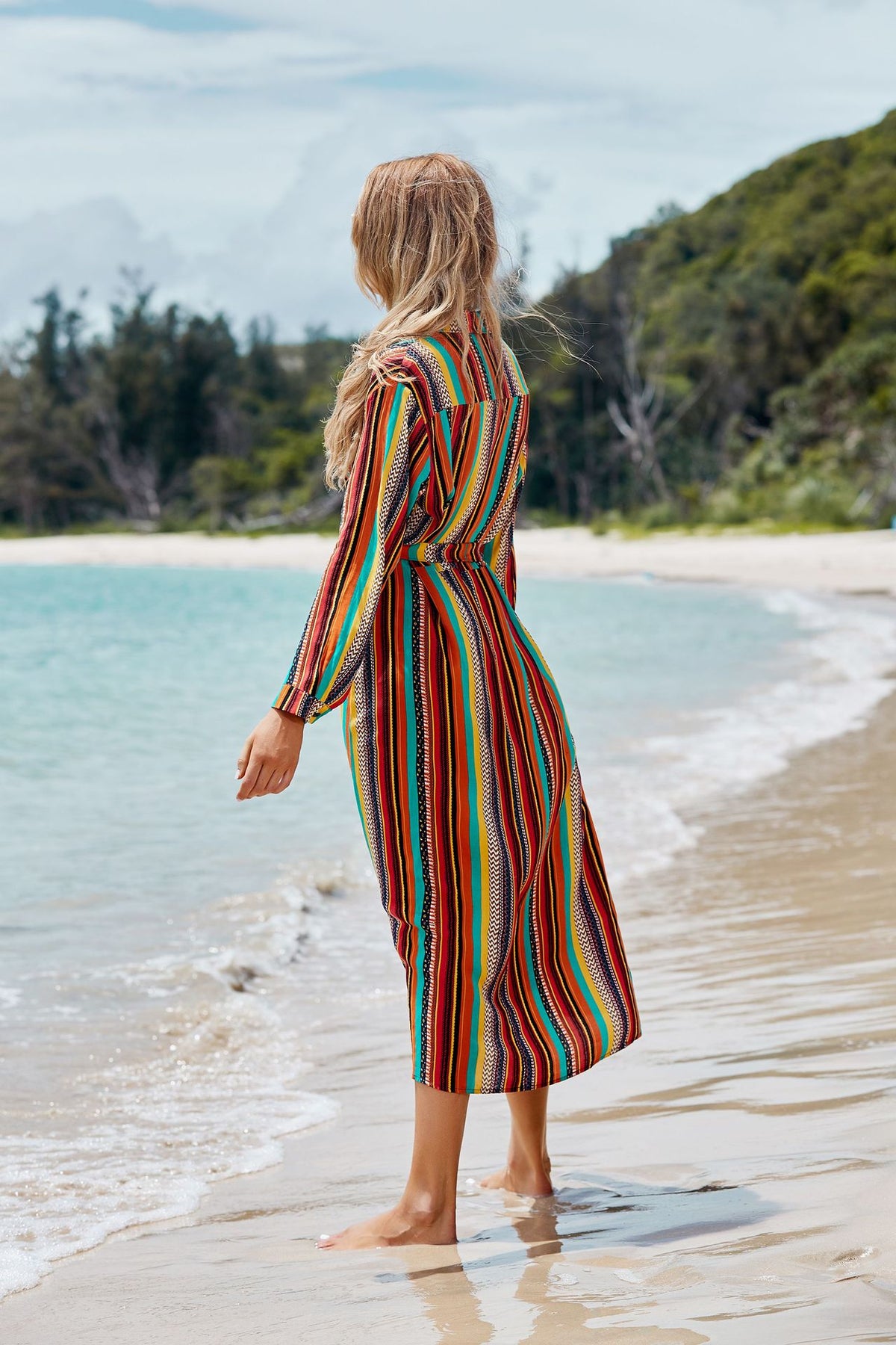 Collared Vertical Stripe Button Down Tie Waist Midi Shirt Dress