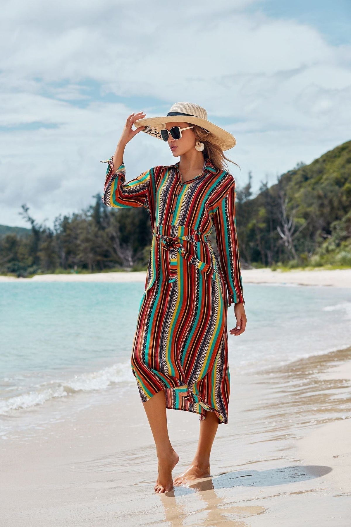 Collared Vertical Stripe Button Down Tie Waist Midi Shirt Dress