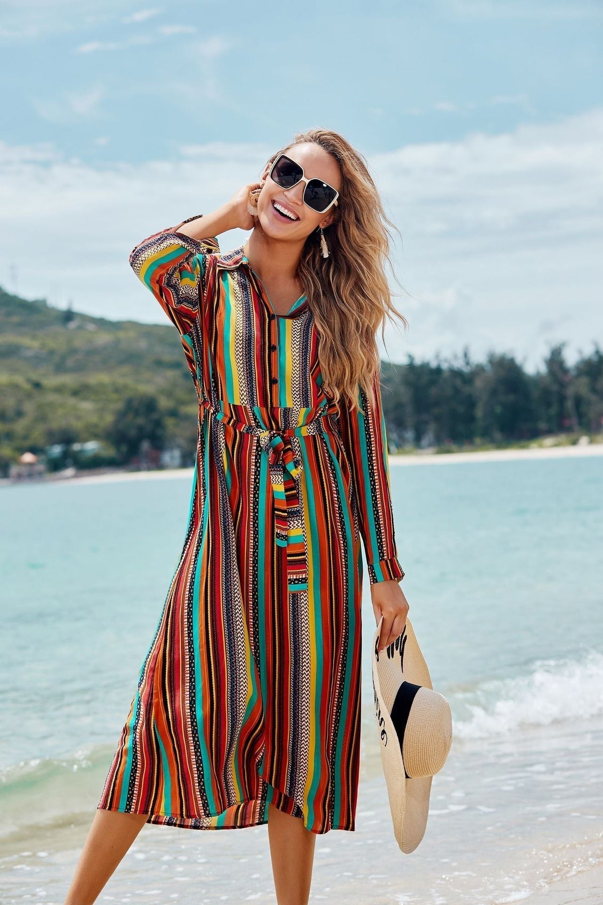 Collared Vertical Stripe Button Down Tie Waist Midi Shirt Dress