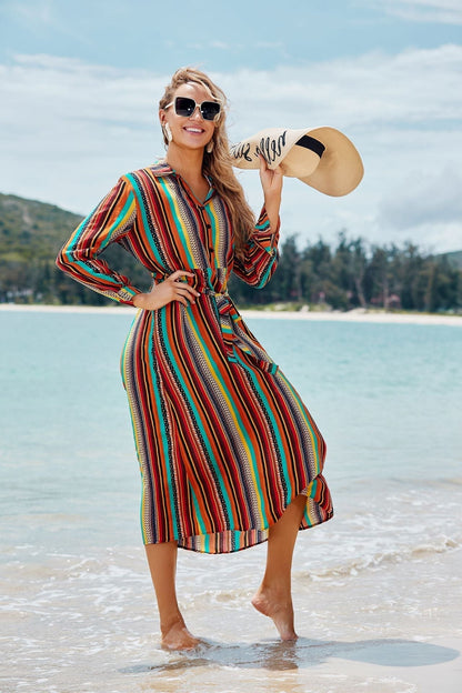 Collared Vertical Stripe Button Down Tie Waist Midi Shirt Dress