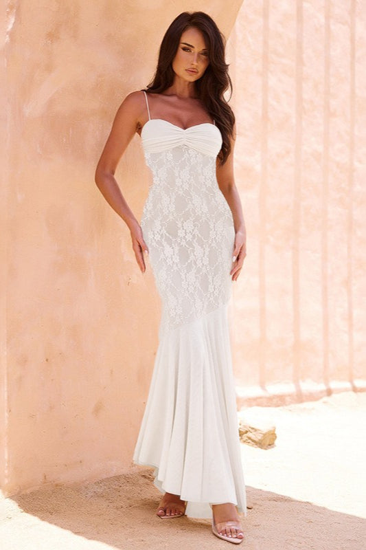Strapless Lace Panel Fishtail Maxi Dress