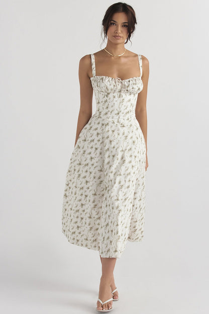 Floral Print Sweetheart Corset Bodice Wide Strap Fit and Flare Midi Dress