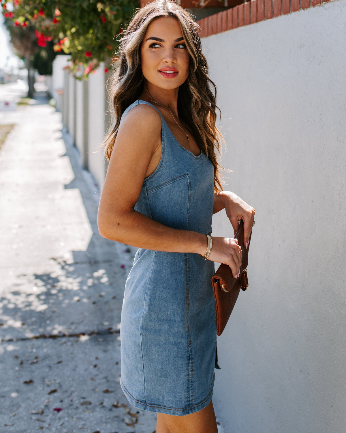 Scoop Neck Tank Strap Princess Seam Front Slit Denim Mini Dress