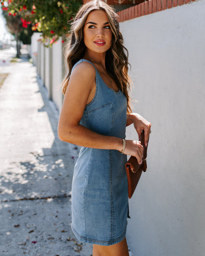 Scoop Neck Tank Strap Princess Seam Front Slit Denim Mini Dress