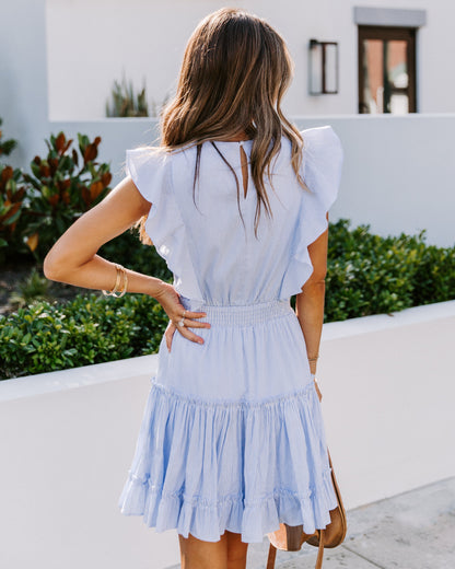 Crew Neck Pinstripe Ruffle Sleeve Smocked Waist Tiered Mini Dress