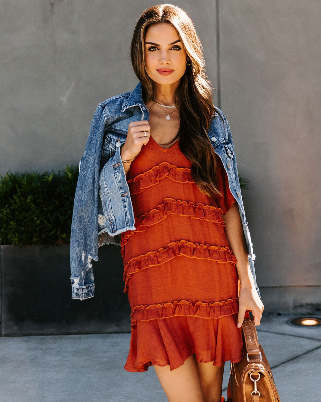 Deep V Flutter Sleeve Tiered Ruffle Hem Mini Dress