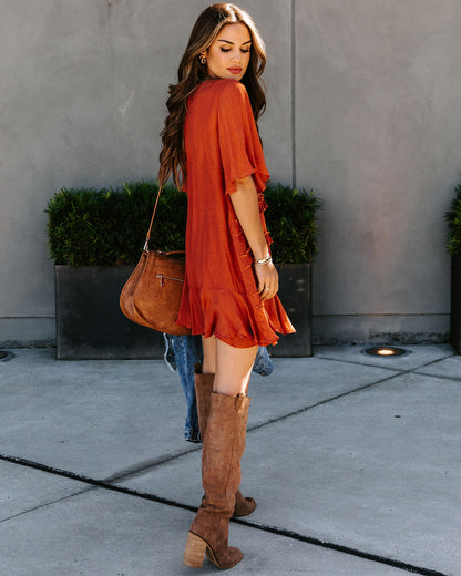 Deep V Flutter Sleeve Tiered Ruffle Hem Mini Dress