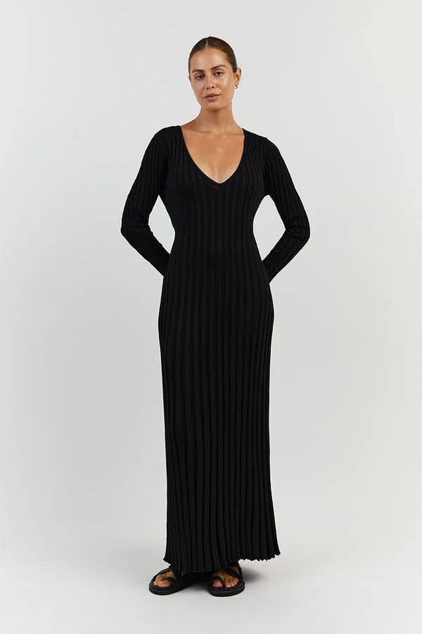 Rib Knit V-Neck Bell Sleeve Lettuce Hem Maxi Dress