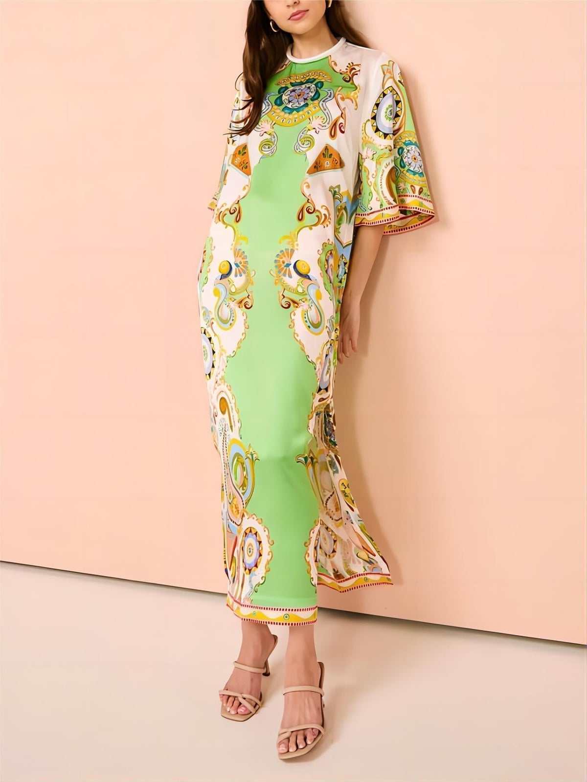 Ornate Paisley Print High Neck Wide Sleeve Kaftan Maxi Dress