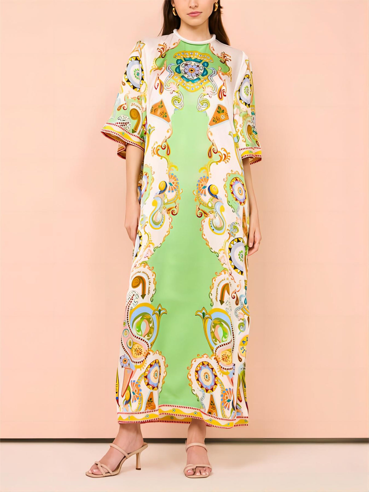 Ornate Paisley Print High Neck Wide Sleeve Kaftan Maxi Dress