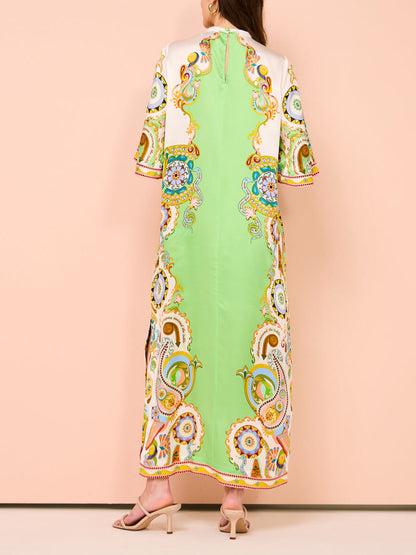 Ornate Paisley Print High Neck Wide Sleeve Kaftan Maxi Dress