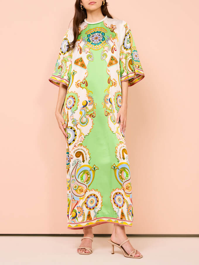 Ornate Paisley Print High Neck Wide Sleeve Kaftan Maxi Dress