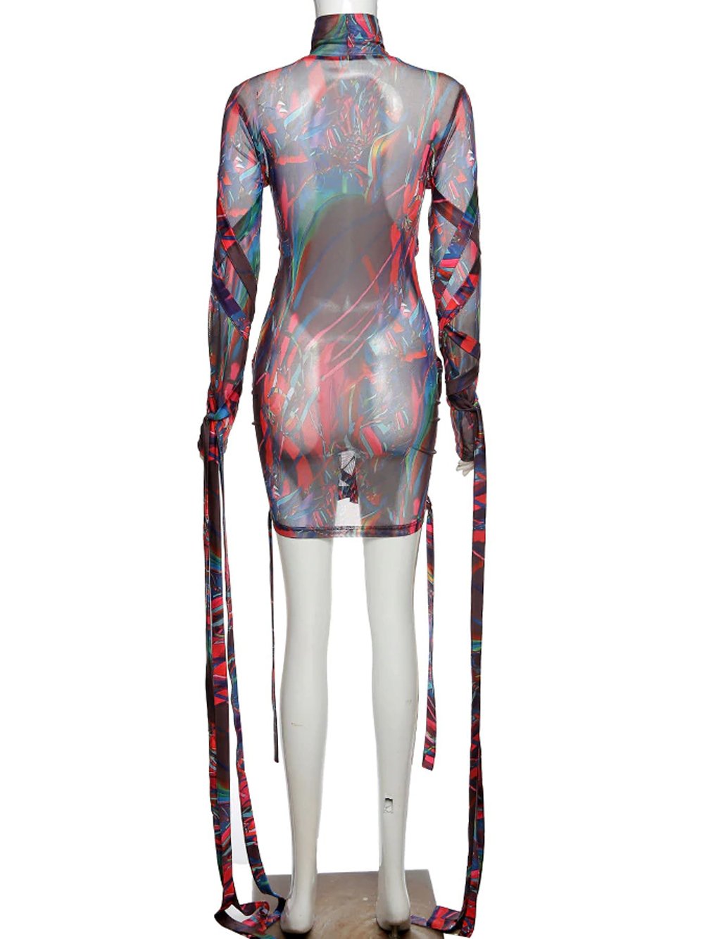 Mock Neck Long Sleeve Abstract Print Mesh Wrap Strap Bodycon Mini Dress
